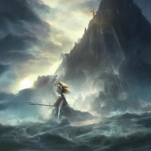 Prompt: atlantis goodess with swords, matte painting, detailed