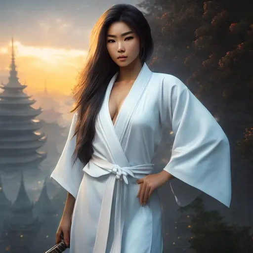 Prompt: create best quality photograph of beautiful female ninja who is wearing white ninja style robes,  night time and beautiful sky as background, detailed face, extremely detailed environment, extremely detailed background, extremely detailed skin, extremely detailed clothing, natural colors , professionally color graded, photorealism, 8k, realistic, moody lighting, galactic environment, volumetric lighting