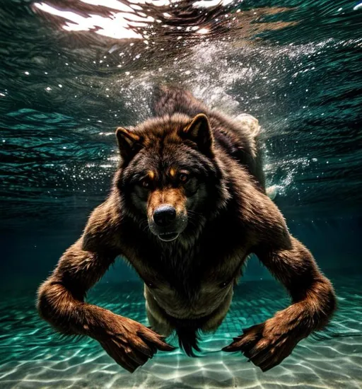 Prompt: Werewolf swimming underwater 