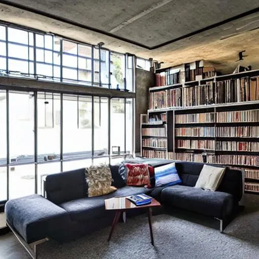 Prompt: a  brutalist architecture Library with lots of natural light and a black couch beside the window