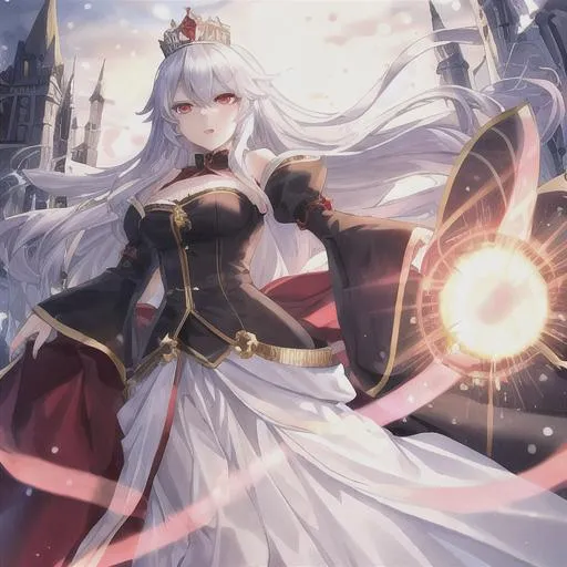 Prompt: young woman, queen, crown, slender, white hair, cat ears, red eyes, angry, full body, snow

