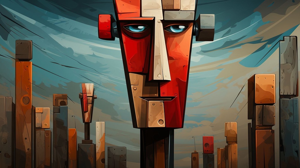 Prompt: vector head made of blocks long neck looking at me