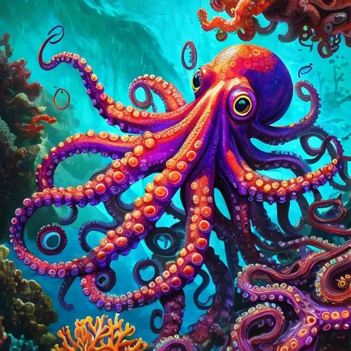 Prompt: Vibrant octopus swimming amid lush coral reefs, underwater oil painting, detailed tentacles, 4k ultra-detailed, realistic, vibrant color palette, dynamic lighting, marine life, underwater, oceanic, coral, detailed textures, professional, vibrant, underwater oil painting