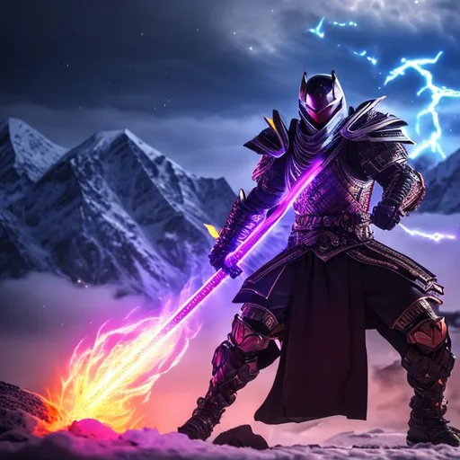 Prompt: sci-fi armoured ninja
 god in an electric aura yeilding a purple flaming sword in front of a snowy mountain with thunder