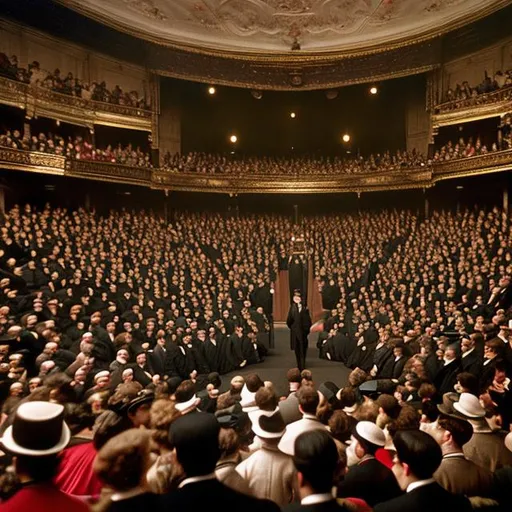 Prompt: A color very photo realist Victorian era large crowd is facing 
toward the viewer at a stage in a theater. A man in a black suit is standing before them in the foreground.