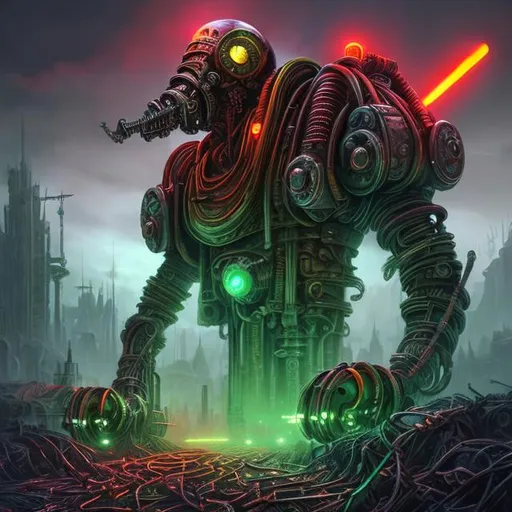 Prompt: Fantasy art style, painting, metal, chrome, Evil, dictatorship, green neon lights, neon lights, green lights, futuristic, biological mechanical war machine, biological mechanical, dystopian, war machine, pipes, tubes, cables, nuclear weapons, weapons, teeth, brutalist, fog, smog