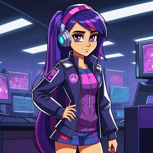 Prompt: Cyberpunk Equestria girls twilight sparkle wearing tech clothes