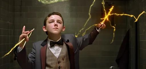 Prompt: 13 year old boy in a tuxedo casting a crazy magic spell from the outside of a bathroom stall with his magic wand, but the spell he cast happens on the inside of the bathroom stall because he cast the spell on the person inside who was warring a T shirt 
