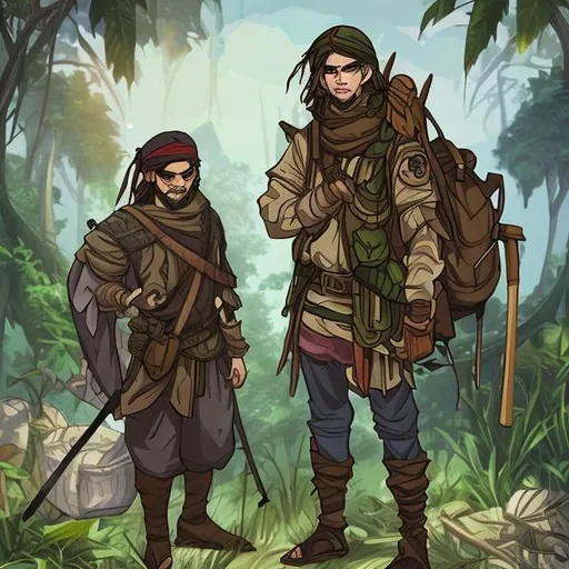Prompt: anime medieval fantasy. jungle. night time.
young man. Traveller herbalist. backpack. small pouch. heavy clothing. ground-reaching sleeves,  bandana and an eyepatch 
