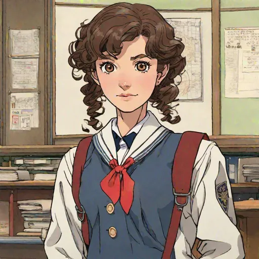 Prompt: Nyssa of Traken from Doctor Who with curly brown hair, in a japanese school uniform, by Hayao Miyazaki