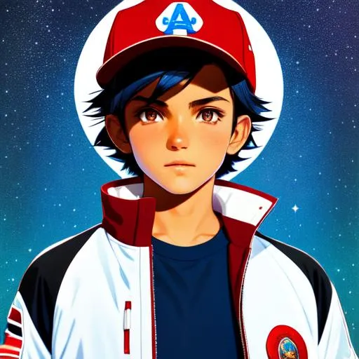 A POKéMON Trainer with a red jacket on a black T-shi