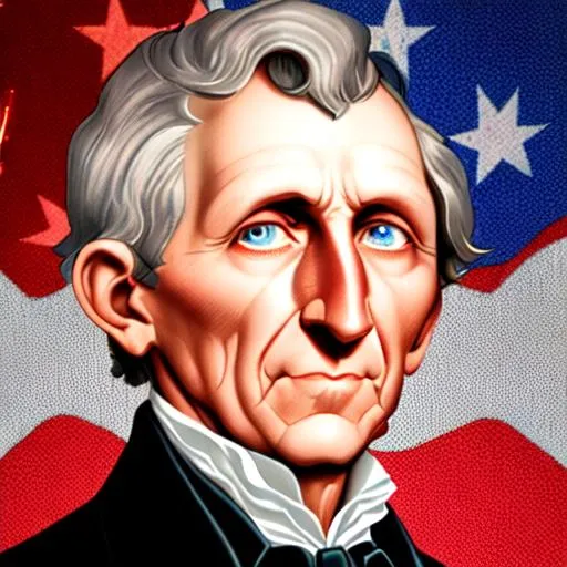 Prompt: a zoomed in picture on president James Monroe. He is a super hero of America. His eyes are glowing red and blue with lasers. Light and super powers of super heroes around him