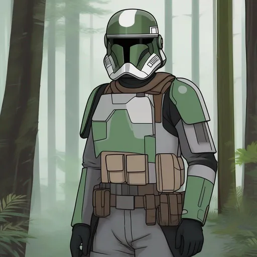 Prompt: Whole body. Full figure. Star wars rebel alliance soldier. Green gray uniform. he wears a alderaan soldier's helmet In background a deep forest. Rpg art. Star wars art. 2d art. 2d. Well draw face. Detailed. 