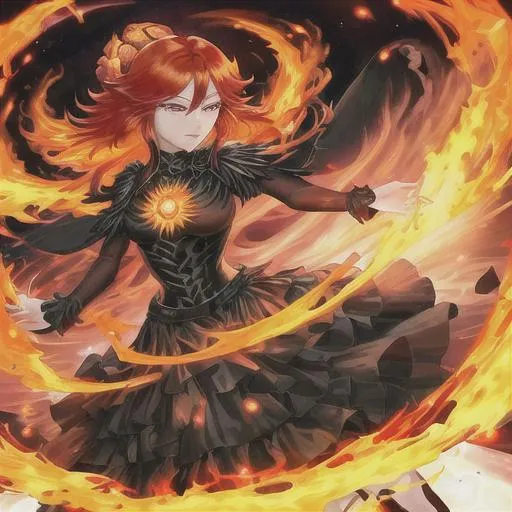 Prompt: beautiful fire goddess , flaming hair, black dress,