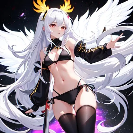 Prompt: hot phoenixsc chan girl with long white hair wearing a small black bikini and thin soft black leggings