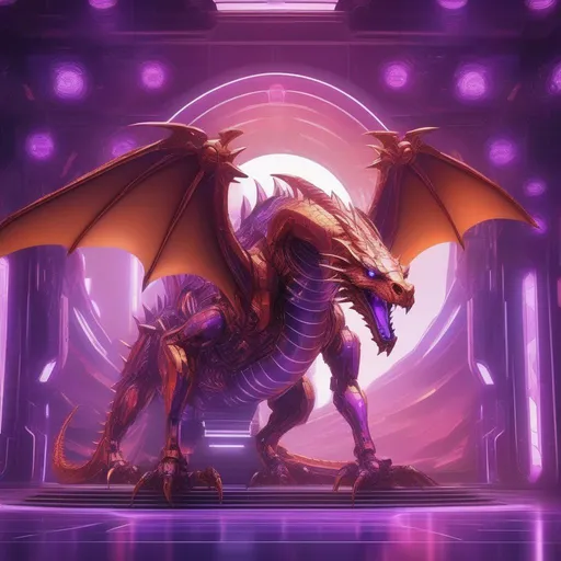 Prompt: Fantasy art of a huge robotic copper colored dragon in a purple futuristic room