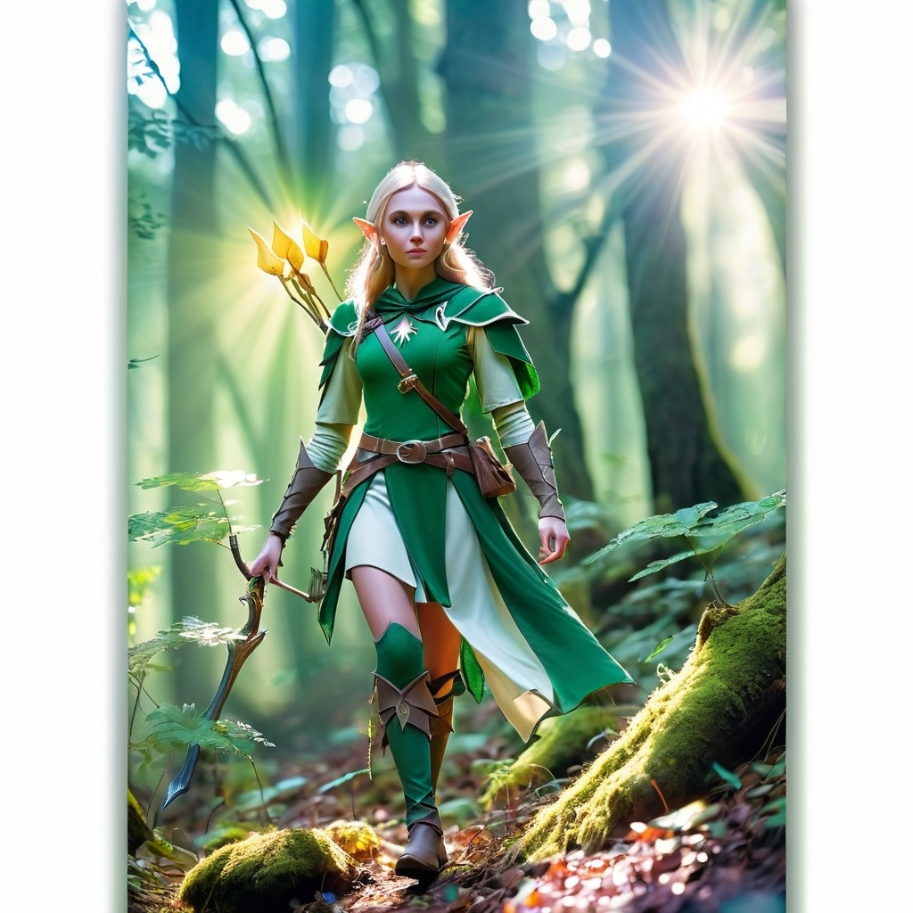 Elf ranger in a mystical forest around sunlight