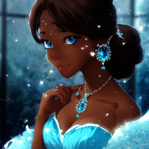 Prompt: Anime, Princess, Blue eyes, Blue Ballgown, Blue Topaz earrings, brown skin, HD, 4k, High Quality, Effects.