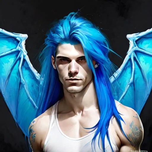 Prompt: Man with long bright blue hair and dragon wings