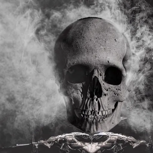 Prompt: A human skull fading into black smoke, the smoke turns into ravens flying way