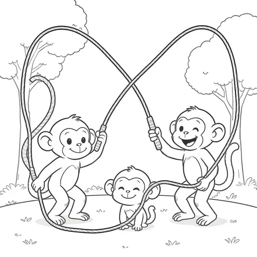 Prompt: monkey family playing jump rope outline black and white colorable image