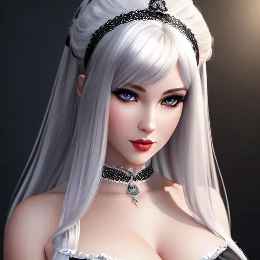 Prompt: hyper realistic, detailed image of a woman, full body french maid outfit, perfect body, beautiful face, feminine features, silver hair, pale skin, highly detailed, digital painting, HD quality, 8k, studio lighting