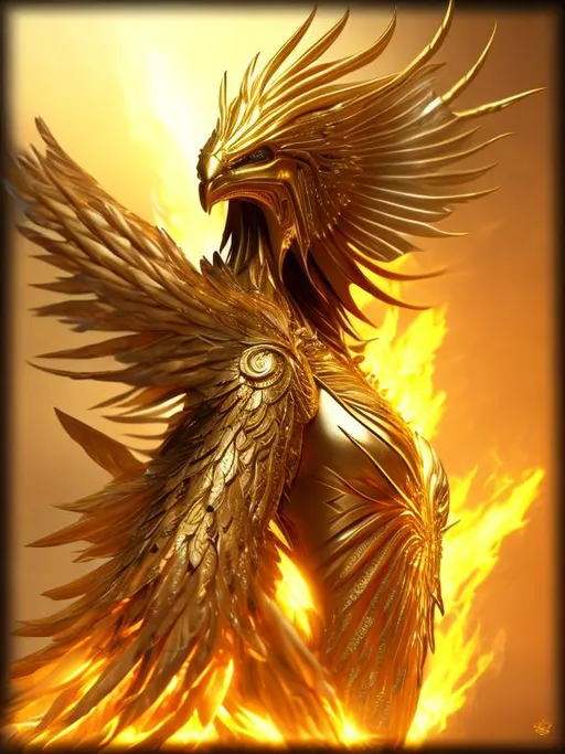 Prompt:  Insane and Beautiful phoenix humanoid, front view, cinematography, best art, insanely detailed and intricate, elegant, hyper realistic, delete super detailed, gold background, 8k, trending on artstation, Ancient Egypt