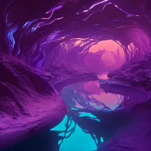 Prompt: magic river flowing from nowhere into nothing, glowing purple light from under the water, strange plants and animals, other-worldly sights and sounds, unknown