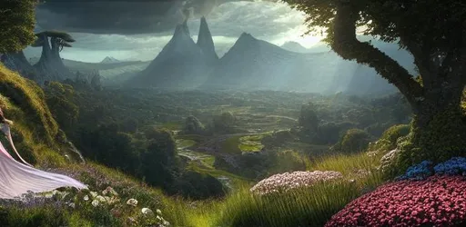 Prompt: An elegant winged fairy in the lord of the rings 
scenery landscape, looking out at a vast lush valley 
flowers and homes made of mushrooms, streams, 
sunrise, god's rays highly detailed, vivid color, 
cinematic lighting, perfect composition, 8 k, Gustave 
dore, derek zabrocki, greg rutkowski, belsinski, octane 
render.
source
Prompt
