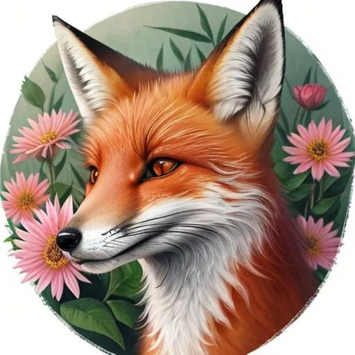 Prompt: A tattoo design of a realistic fox surounded by flowers