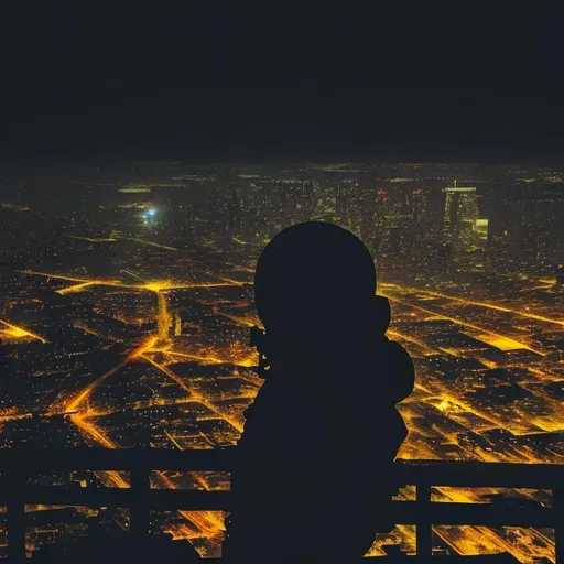 Prompt: A silhouette of an astronaut looking out onto an urban dystopia at night
