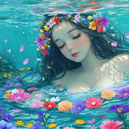 Prompt: Goddess drowning in flowers siren 
