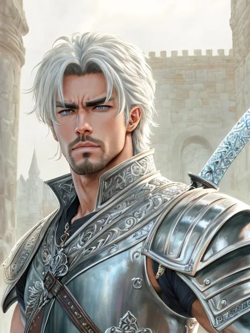 Prompt: UHD, 8k, high quality, ultra quality, Very detailed, ultra realystic, high detailed face, high detailed eyes, anime style, medieval, fantasy, man, gorgeous, strong man, fitness, warrior, armor, angry, holding a sword in hand