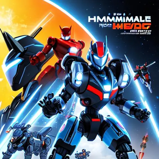 Prompt: A dynamic cover image showcasing the humanoid robot leading the team of animal robots on a mission to save the world from destruction. The art style could be reminiscent of classic superhero comics, with bold action poses and explosive special effects. Consider adding speech bubbles or captions to convey dialogue between characters.