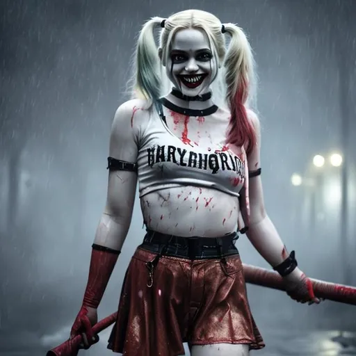 Prompt: Harley Quinn dancing and smiling in blood rain with her baseball bat,64k, cinematic, realistic, vivid, UHD, Halloween Theme, soft grade, sharp, spooky
