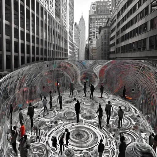 Prompt: huge public art, modern art, in Newyork, big, black and white color, layered glasses, random circle art, tall,  complicated, detailed art with glasses, rounded art, random square with steel material, in front of the building, people walking by the art