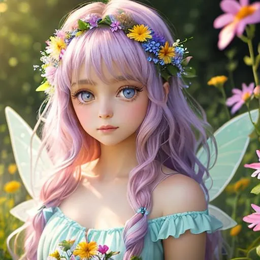 Prompt: Fairy of summer, pastel colors,large eyes,  wildflowers, closeup