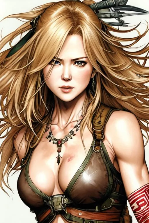 Prompt: (((Yoji Shinkawa))), sticker of ultra detailed portrait of Nicole Kidman, 25 years old, as Tribal warrior,  high quality cell shaded illustration in post apocalyptic style by Yoji Shinkawa, ((full body)), dynamic pose, perfect anatomy, centered, freedom, soul, blonde long hair, approach to perfection, cell shading, 4k , cinematic dramatic atmosphere, watercolor painting, global illumination, detailed and intricate environment, artstation, concept art, fluid and sharp focus, volumetric lighting, cinematic lighting, Artby Ilya Kuvshinov,