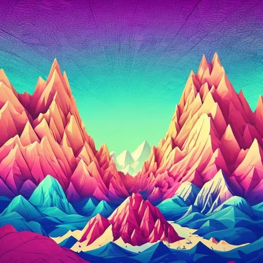 Prompt: a drawing of a mountain with a blue sky in the background, zig-zags. mountains, psychedelic landscape, background mountains, blue and pink shift, mountainous background, mountainscape, alien mountains, flat surreal psychedelic colors, mountains background, : psychedelic ski resort, mountain ranges, canyon background, mountainside, mountain background, background of flowery hill, background pastel