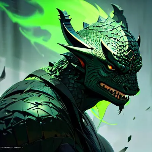Prompt: A face shot of a beautiful green and black Dragonborn, with a bright red scar on the right eye, perfect composition, hyperrealistic, super detailed, 8k, high quality, trending art, trending on artstation, sharp focus, studio photo, intricate details, highly detailed, by Greg Rutkowski, illustration, watercolor