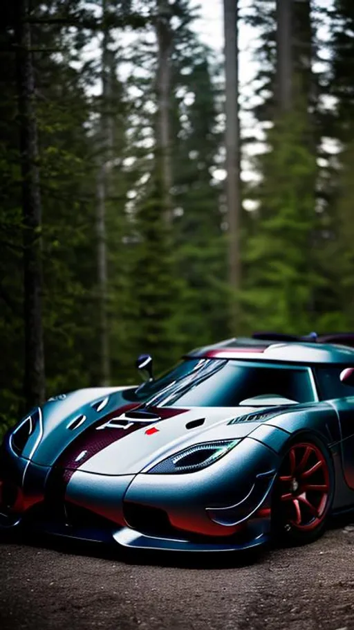 Prompt:  wide body heavily modified koenigsegg at illegal meet, dark and shadowy background, in the Canadian forest, 30 minutes after sunset, long depth of field.