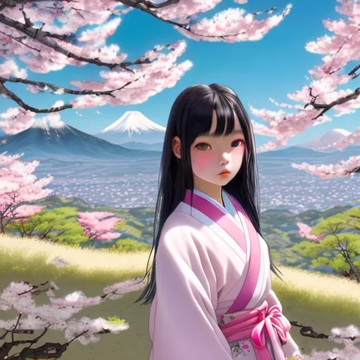 Prompt: A Japanese girl with long black hair, pink lips, blue eyes, a pink and white kimono on a soft green hill at midday. With a blue sky next to a pink cherry blossom tree with mountains in the back. She also has a Japanese flower in her hair