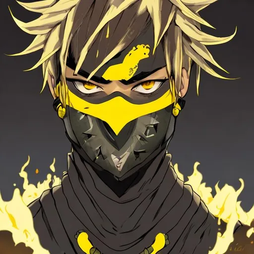 Prompt: a male hashira and lava breathing style 18 age and white mask short black hair and yellow and yellow eye and silently man 