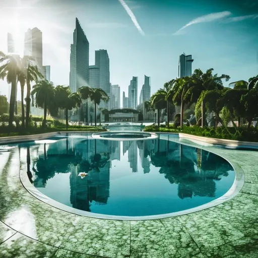 Prompt: Futursitic City Lush Green Plants Light Blue Sky Reflection Pool