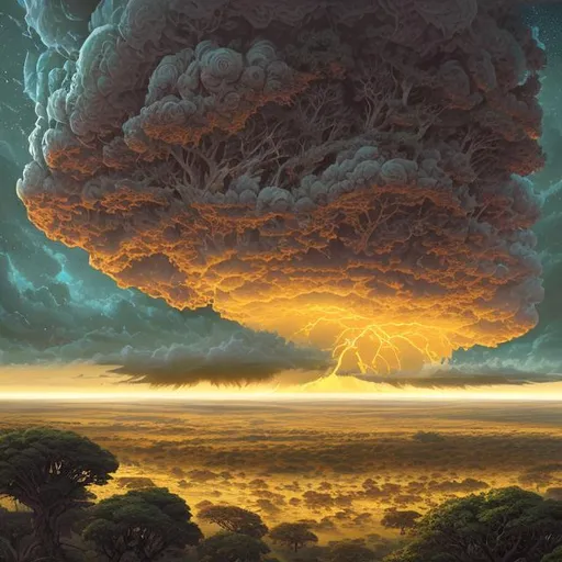 Prompt: savanna, vast and sprawling landscape, Bright Amber moon with swirling clouds, Acacia Trees dot the landscape,  massive storm clouds, Ivan Shishkin, Victo Ngai, Gregorio Catarino, Cyril Rolando, Michal Karcz,  Anato Finnstark, Flavio Greco Paglia,  in the foreground a small decapitated decayed Skull of  Tyrannosaurus Rex lays on the ground, hyperdetailed defined oil painting, vibrant colors, 8K resolution, polished divine photorealistic intricate complex HDR, amber glow, dreamy,
extremely detailed, cinematic lighting, poster, award winning,