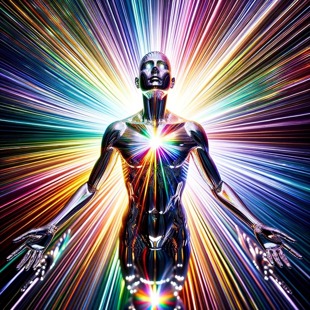 Prompt: Photo of striking sun rays, each tinted with a different shade of the rainbow, hitting a mirror-like humanoid figure. The humanoid reflects the colorful rays in all directions, creating a dazzling light show.