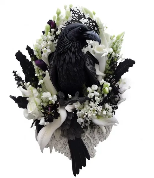 Prompt: One large raven enlcosed in a  cameo, black, white, baby cosmo flowers, gladiolus flowers, lily of the valley flowers, gothic style