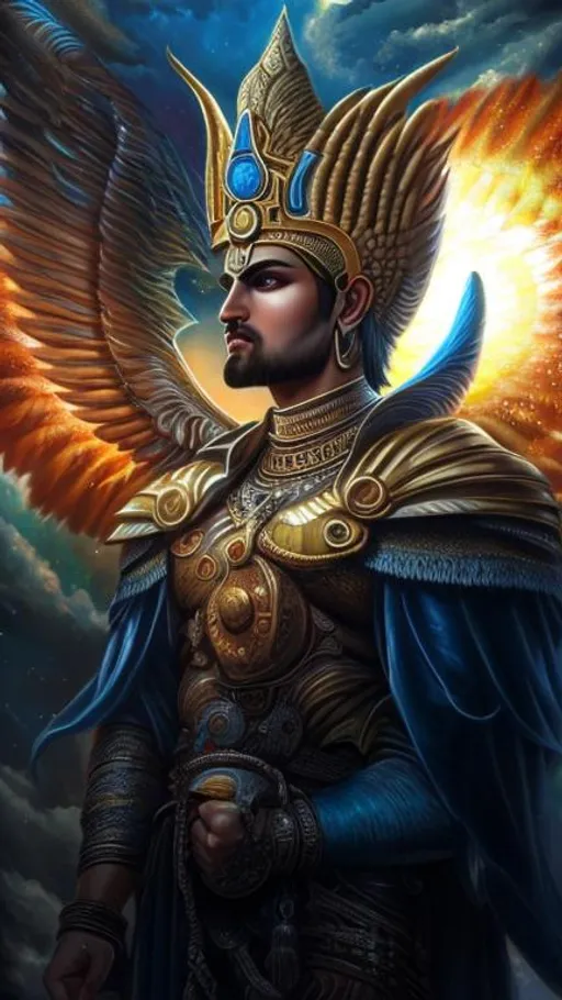 Prompt: High-resolution hyperrealistic painting of {iranian sun god} [mithra] , upper body, uhd, hdr, 64k