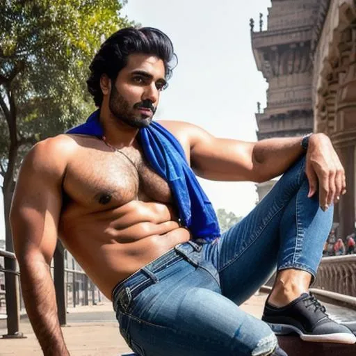 Prompt: scene of full body hyperreal  "sensual" delhi hunk with "beautiful handsome face", jeans, "shawl", "delhi bike", "very sweaty" "hairy pecs", "feet", arena, perfect composition, hyperrealistic, super detailed, 8k, high quality, trending art, trending on artstation, sharp focus, studio photo, intricate details, highly detailed, by greg rutkowski