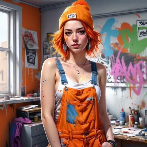 Prompt: Realistic digital painting:
A messy room in an apartment.
Age:18 Girl with a shy cute beautiful features, pronounced cleavage
Street Artist Flair:

Short, brightly dyed orange hair with a side fade.
Wears graffiti-inspired earrings, paint-splattered overalls, and a colorful beanie.
Outfits consist of a crop top under paint-stained overalls and high-top sneakers, often carrying a spray can or paintbrush.